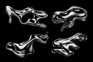 Wall Mural - Y2K Melted chrome liquid metal shapes set isolated. Spilled wavy molten gloss aluminium mercury form. Futuristic aluminium droplets