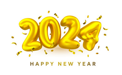 Wall Mural - Vector illustration of shine golden number 2024 with glitter on white color background. 3d style winter holiday design of happy new year 2024. Decorative air balloon symbol