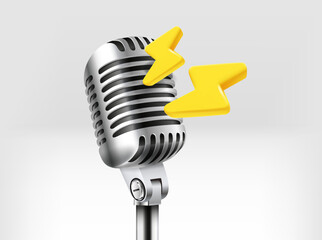 Aufkleber - Concert concept. Retro microphone with golden thunderbolts. 3d vector illustration