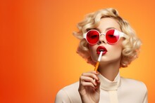 Portrait Of A Beautiful Young Woman With Blond Hair And Red Heart Shaped Sunglasses Smoking A Cigarette.