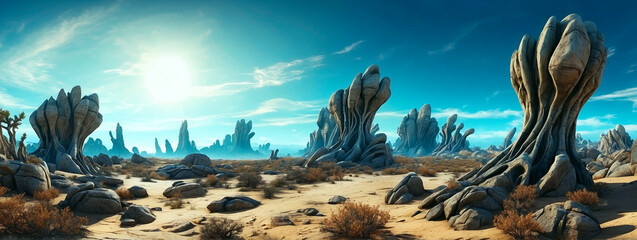 Wall Mural - Wide-angle shot of an alien planet landscape. Breathtaking panorama of a desert planet with strange rock formations against blue sky with clouds. Fantastic extraterrestrial landscape. Sci-fi wallpaper