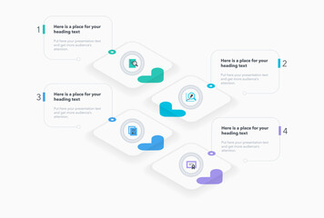 Aufkleber - Isometric arrow process flow diagram with four colorful steps. Presentation template with thin lines and flat icons. 