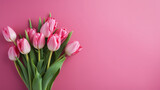 Fototapeta Tulipany - tulip bouquet on pink background, romantic anniversary, woman's day, or Valentine's,  Day background,  left side composition