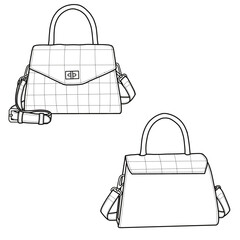 Wall Mural - Women's handbags line art. Top handle bag flat sketch fashion illustration drawing template mock-up,  top, and side view. Isolated on a white background.