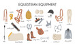Horse riding colored flat icons vector set. Equestrian equipment illustrations in trendy modern hand drawn style. Equine sports signs. Dressage, show jumps elements. Horse stable tools. 