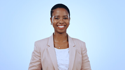 Poster - Portrait, business woman and smile in studio for paralegal job, pride and confident lawyer isolated on blue background. Happy african attorney working with trust for professional career in Nigeria