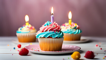 Birthday cupcake with lit birthday candle Number three for three years or third anniversary