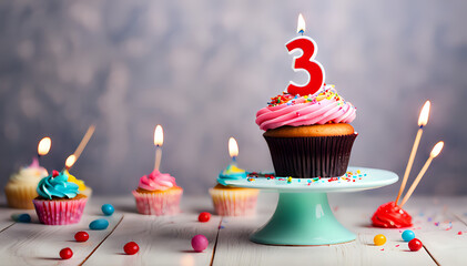 Wall Mural - Birthday cupcake with lit birthday candle Number three for three years or third anniversary