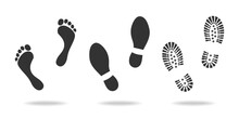 Footprints Human Icon Set. Man Footprints In Shoe And Barefoot. Graphic Signs Isolated On White Background. Vector Illustration