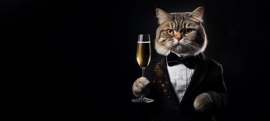 Wall Mural - New Year's Eve, Sylvester, New Year or birthday party celebration greeting card - Cat with suit, bow tie and champagne glass, champagne cheers during a celebration, isolated on black background.