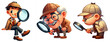 A set of 3 cartoon detectives searching for clues on a transparent background
