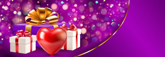 Wall Mural - Valentine's day illustration with big red heart and several colored gift boxes with ribbons and bows on a purple background with bokeh effect, golden strip and place for text