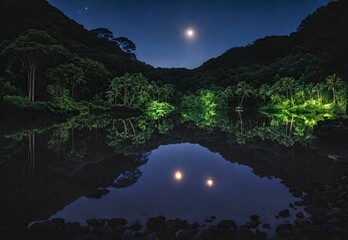 Wall Mural -  Lunar Lagoon: Hawaii's Waimea Valley Moonlit Reflections