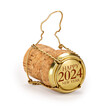 Champagne cork isolated on white background. Happy new year and 2024 text on golden cap. Includes clipping path.