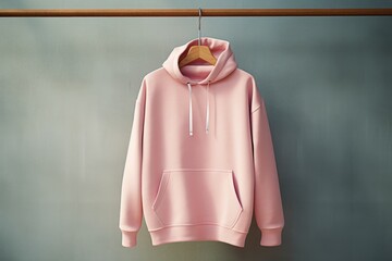 Canvas Print - Pink hoodie with hood and pocket hangs on a hanger in the children's bedroom