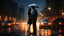 Cute Couple Standing Under Rain Holding Umbrella In Romantic Way In Night At City With Fast Line Cars In Background