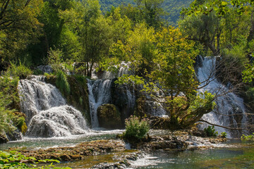  Milancev Buk waterfall at Martin Brod in Una-Sana Canton, Federation of Bosnia and Herzegovina. Located within the Una National Park, it is also known as Veliki Buk or Martinbrodski