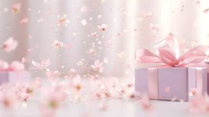 Sticker - Gift box pastel pink background with flower petals.