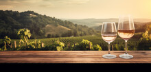 Wood Table Top With A Glass Of Wine On Blurred Vineyard Landscape Background, For Display Or Montage Your Products. Agriculture Winery And Wine Tasting Concept