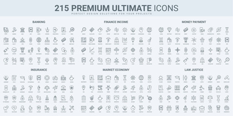 Poster - Money payment and transfer, economy, bank credit and deposit thin black line icons set vector illustration. Outline symbols of finance law and justice, accident or business insurance, financial income