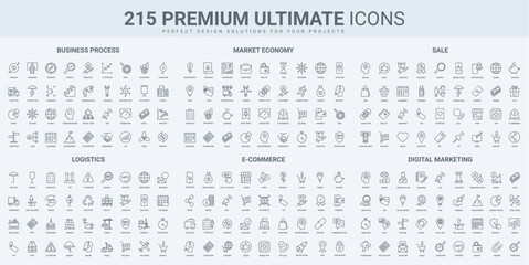 Poster - Ecommerce, stock market profit, business process thin black line icons set vector illustration. Outline symbols of warehouse distribution and delivery, advertising of product for sales growth