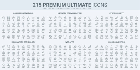 Fototapete - Program code and network communication, mobile app for media thin black line icons set vector illustration. Outline symbols of online video and TV, data protection and cloud computing, support