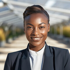 Portrait of young black businesswoman and sustainable business entrepreneur staring at the camera with solar farm and solar panels in the background. Isolated shot with bokeh