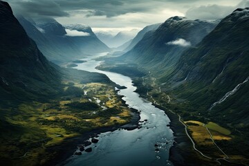 Wall Mural - Landscape of Norway. Valley in the mountains with a river. Generative AI Art. Beautiful view.