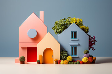 Colorful toy house with trees and plants in pots.