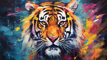 Animal Head, Portrait Art - Colorful Abstract Oil Acrylic Painting Of Colorful Tiger.. Generative Ai.