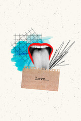 Poster - Vertical collage picture of black white colors mouth tongue out stick paper page love text isolated on painted background