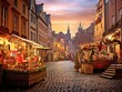 Imagine a picturesque scene bathed in the soft, golden glow of the setting sun, capturing the enchantment of a Christmas holiday market. The air is filled with excitement and the cheerful chatter of p