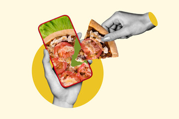 Sticker - Collage image sketch of hand hold pizza piece online order delivery restaurant service isolated on drawing background