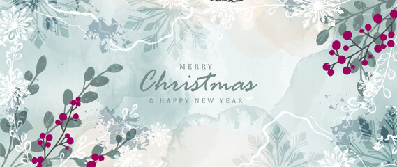 new year and christmas winter watercolor card, poster, banner with berries, snowflakes and various b