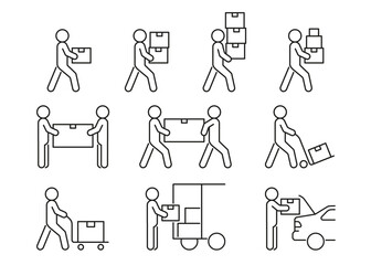 Box delivery, line icon set. Person move cargo, on trolley and fright on transport. Courier with package, relocation. Transfer weight. Vector