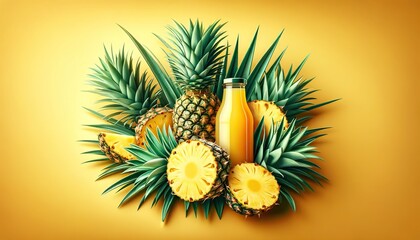  Pineapple paradise, juicy slices above a bottle of tropical nectar