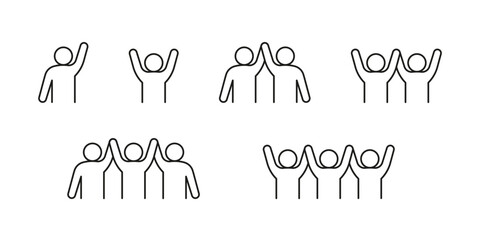 people greeting, wave hand, success, line icon. one, two and three person hands up. happy respect on