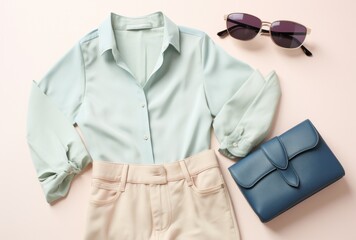 Wall Mural - a white surface shows sunglasses, purse, a blouse and jeans