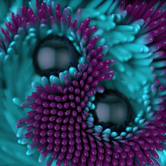 Poster - Composition in which dark metal balls roll on a light purple surface leaving a blue trail. 3d rendering illustration