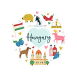 Colorful composition, circle design with famous symbols, animals of Hungary