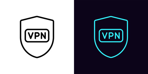 Poster - Outline secure VPN icon, with editable stroke. Shield sign with VPN button. Safe virtual private network. Secure personal internet access, proxy address. Web app, global cyber security. Vector icon