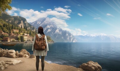 Wall Mural - lady standing on shore in front of lake with backpack