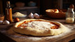 Pizza dough,homemade pizza margarita from the brick oven. Napoleon Italian Pizza with fresh mozzarella and basil leaves. true Italian Traditional Pizza Margherita