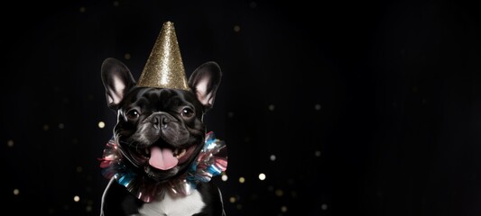 Wall Mural - New Year, Sylvester New Year's eve party celebration or birthday carnival party, funny animalgreeting card - French bulldog dog with party hat outfit on black background