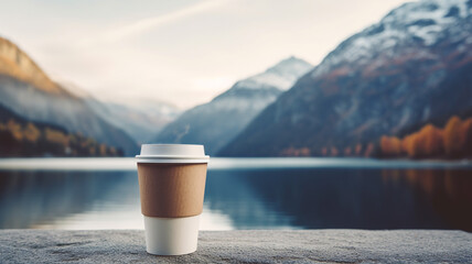 Wall Mural - Takeaway coffee cup with lake and mountains background.