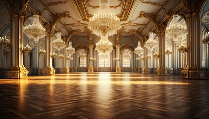 A luxurious baroque hall with gold decorations, majestic columns, and chandeliers reflecting wealth and sophistication.