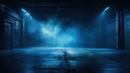 Wall Mural - Dark empty asphalt street scene with blue smoke neon searchlight light. AI generated image