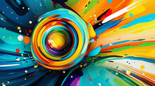 Dynamic pop art waves and droplets in colourful sphere create a flowing, vibrant abstract art.