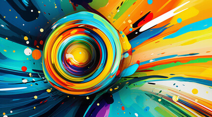 Wall Mural - Dynamic pop art waves and droplets in colourful sphere create a flowing, vibrant abstract art.