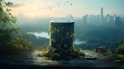 Wall Mural - Trash can with nature in the background